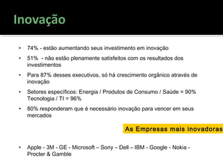 • 74% - estão aumentando seus investimento em inovação
• 51% - não estão plenamente satisfeitos com os resultados dos
investimentos
• Para 87% desses executivos, só há crescimento orgânico através de
inovação
• Setores específicos: Energia / Produtos de Consumo / Saúde = 90%
Tecnologia / TI = 96%
• 80% responderam que é necessário inovação para vencer em seus
mercados
• Apple - 3M - GE - Microsoft – Sony – Dell – IBM - Google - Nokia -
Procter & Gamble
As Empresas mais inovadoras
 