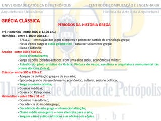 GRÉCIA CLÁSSICA

PERÍODOS DA HISTÓRIA GREGA

Pré-Homérico - entre 2000 e 1.100 a.C.;
Homérico - entre 1.100 e 700 a.C.;
- 776 a.C. – instituição dos jogos olímpicos e ponto de partida da cronologia grega;
- Nesta época surge o estilo geométrico – caracteristicamente grego;
- Ilíada e Odisséia;
Arcaico - entre 700 e 500 a.C.
- Estilo orientalizante;
- Surge as pólis (cidades-estados) com uma elite social, econômica e militar;
- Eclosão do gênio artístico da Grécia: Pintura de vasos, escultura e arquitetura monumental (as
ordens dórica e jônica);
Clássico - entre 500 e 326 a.C.
- Apogeu da civilização grega e de sua arte;
- Época de grande desenvolvimento econômico, cultural, social e político;
- Surge a ordem coríntia;
- Guerras médicas;
- Guerra do Peloponeso;
Helenístico - entre 326 e 31 a.C.
- Domínio macedônico;
- Decadência do império grego;
- Decadência da arte grega – internacionalização;
- Classe média emergente – nova clientela para a arte;
- Surgem vários estilos artísticos e as oficinas de cópias.

 