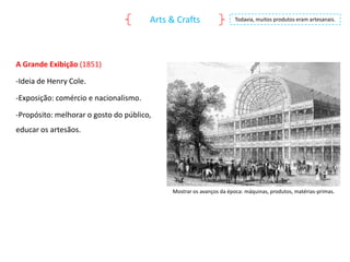 Arts & Crafts

Todavia, muitos produtos eram artesanais.

A Grande Exibição (1851)
-Ideia de Henry Cole.
-Exposição: comércio e nacionalismo.
-Propósito: melhorar o gosto do público,
educar os artesãos.

Mostrar os avanços da época: máquinas, produtos, matérias-primas.

 