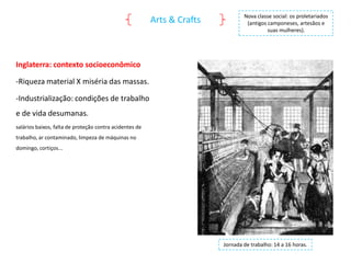 Arts & Crafts

Nova classe social: os proletariados
(antigos camponeses, artesãos e
suas mulheres).

Inglaterra: contexto socioeconômico
-Riqueza material X miséria das massas.
-Industrialização: condições de trabalho
e de vida desumanas.
salários baixos, falta de proteção contra acidentes de
trabalho, ar contaminado, limpeza de máquinas no
domingo, cortiços...

Jornada de trabalho: 14 a 16 horas.

 