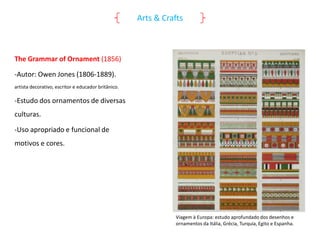 Arts & Crafts

The Grammar of Ornament (1856)
-Autor: Owen Jones (1806-1889).
artista decorativo, escritor e educador britânico.

-Estudo dos ornamentos de diversas
culturas.
-Uso apropriado e funcional de
motivos e cores.

Viagem à Europa: estudo aprofundado dos desenhos e
ornamentos da Itália, Grécia, Turquia, Egito e Espanha.

 