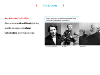 Arts & Crafts

Arts & Crafts (1860-1880)

Ruskin: escritor e artista foi responsável pela
inspiração filosófica do movimento.

-Movimento socioestético britânico.
-A arte ao alcance da classe
trabalhadora através do design.

John Ruskin (1819-1900)

W. Morris

Mackmurdo

 