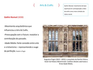 Arts & Crafts

Gothic Revival: movimento de base
espiritual em contraposição a ideia
de estilo como mero símbolo de
status social.

Gothic Revival (1830)

-Movimento arquitetônico que
influenciou o Arts & Crafts.
-Preocupação com o futuro: reavaliar a

contribuição do passado.
-Idade Média: forte conexão entre arte
e cristianismo – representando o auge
da perfeição. Ruskin e Pugin

Augustus Pugin (1812 –1852), o arquiteto da Rainha Vitória.
Autor do Palácio Westminster. Católico devoto valorizava a
fé da Idade Média.

 