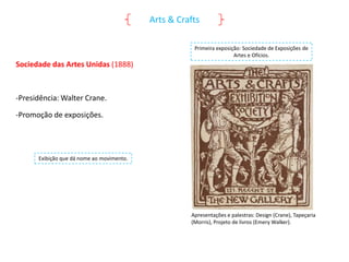 Arts & Crafts
Primeira exposição: Sociedade de Exposições de
Artes e Ofícios.

Sociedade das Artes Unidas (1888)

-Presidência: Walter Crane.
-Promoção de exposições.

Exibição que dá nome ao movimento.

Apresentações e palestras: Design (Crane), Tapeçaria
(Morris), Projeto de livros (Emery Walker).

 