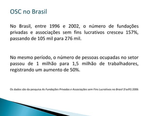 No Brasil, entre 1996 e 2002, o número de fundações
privadas e associações sem fins lucrativos cresceu 157%,
passando de 105 mil para 276 mil.
No mesmo período, o número de pessoas ocupadas no setor
passou de 1 milhão para 1,5 milhão de trabalhadores,
registrando um aumento de 50%.
Os dados são da pesquisa As Fundações Privadas e Associações sem Fins Lucrativos no Brasil (Fasfil) 2006
OSC no Brasil
 