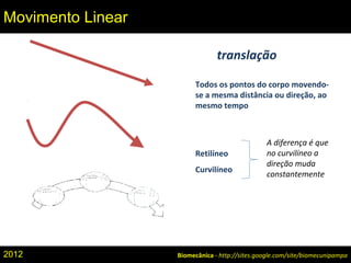 translação
Todos os pontos do corpo movendo-
se a mesma distância ou direção, ao
mesmo tempo
Retilíneo
Curvilíneo
A diferença é que
no curvilíneo a
direção muda
constantemente
Biomecânica - http://sites.google.com/site/biomecunipampa
Movimento Linear
2012
 