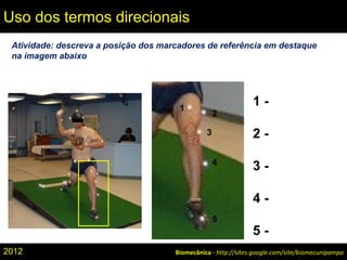 Biomecânica - http://sites.google.com/site/biomecunipampa
Uso dos termos direcionais
1
2
3
4
5
1 -
2 -
3 -
4 -
5 -
Atividade: descreva a posição dos marcadores de referência em destaque
na imagem abaixo
2012
 