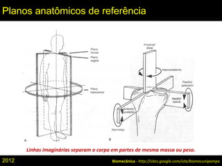 Linhas imaginárias separam o corpo em partes de mesma massa ou peso.
Biomecânica - http://sites.google.com/site/biomecunipampa
Planos anatômicos de referência
2012
 
