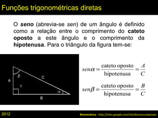 Biomecânica - http://sites.google.com/site/biomecunipampa
Funções trigonométricas diretas
O seno (abrevia-se sen) de um ângulo é definido
como a relação entre o comprimento do cateto
oposto a este ângulo e o comprimento da
hipotenusa. Para o triângulo da figura tem-se:
C
A
sen ==
hipotenusa
opostocateto
α
C
B
sen ==
hipotenusa
opostocateto
β
2012
 