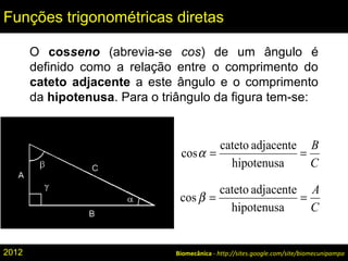 Biomecânica - http://sites.google.com/site/biomecunipampa
Funções trigonométricas diretas
O cosseno (abrevia-se cos) de um ângulo é
definido como a relação entre o comprimento do
cateto adjacente a este ângulo e o comprimento
da hipotenusa. Para o triângulo da figura tem-se:
C
B
==
hipotenusa
adjacentecateto
cosα
C
A
==
hipotenusa
adjacentecateto
cosβ
2012
 