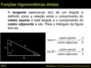 Biomecânica - http://sites.google.com/site/biomecunipampa
Funções trigonométricas diretas
A tangente (abrevia-se tan) de um ângulo é
definido como a relação entre o comprimento do
cateto oposto a este ângulo e o comprimento do
cateto adjacente a ele. Para o triângulo da figura
tem-se:
B
A
==
adjacentecateto
opostocateto
tanα
A
B
==
adjacentecateto
opostocateto
tan β
2012
 