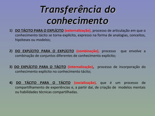 Transferência doTransferência do
conhecimentoconhecimento
1)1) DO TÁCITO PARA O EXPLÍCITODO TÁCITO PARA O EXPLÍCITO (externalização), processo de articulação em que o
conhecimento tácito se torna explícito, expresso na forma de analogias, conceitos,
hipóteses ou modelos;
2)2) DO EXPLÍCITO PARA O EXPLÍCITODO EXPLÍCITO PARA O EXPLÍCITO (combinação), processo que envolve a
combinação de conjuntos diferentes de conhecimento explícito;
3)3) DO EXPLÍCITO PARA O TÁCITODO EXPLÍCITO PARA O TÁCITO (internalização), processo de incorporação do
conhecimento explícito no conhecimento tácito;
4) DO TÁCITO PARA O TÁCITODO TÁCITO PARA O TÁCITO (socialização), que é um processo de
compartilhamento de experiências e, a partir daí, de criação de modelos mentais
ou habilidades técnicas compartilhadas.
 