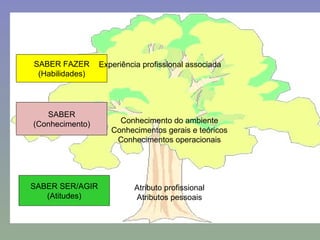 SABER FAZER
(Habilidades)
SABER FAZER
(Habilidades)
SABER
(Conhecimento)
SABER
(Conhecimento)
SABER SER/AGIR
(Atitudes)
SABER SER/AGIR
(Atitudes)
Experiência profissional associada
Conhecimento do ambiente
Conhecimentos gerais e teóricos
Conhecimentos operacionais
Atributo profissional
Atributos pessoais
 