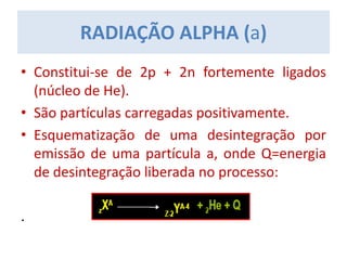 RADIAÇÃO ALPHA (a)
• Constitui-se de 2p + 2n fortemente ligados
(núcleo de He).
• São partículas carregadas positivamente.
• Esquematização de uma desintegração por
emissão de uma partícula a, onde Q=energia
de desintegração liberada no processo:
.
 