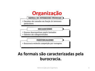 Organização
6Administração para Engenharia
As formais são caracterizadas pela
burocracia.
 