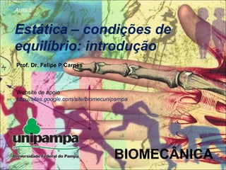 BIOMECÂNICA
Aula 2
Estática – condições de
equilíbrio: introdução
Prof. Dr. Felipe P Carpes
Website de apoio
http://sites.google.com/site/biomecunipampa
 