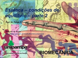 BIOMECÂNICA
Aula 2
Estática – condições de
equilíbrio – parte 2
Prof. Dr. Felipe P Carpes
Website de apoio
http://sites.google.com/site/biomecunipampa
 