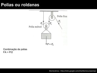 Biomecânica - http://sites.google.com/site/biomecunipampa
Polias ou roldanas
Combinação de polias
FA = P/2
 