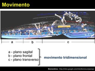 Biomecânica - http://sites.google.com/site/biomecunipampa
a - plano sagital
b - plano frontal
c - plano transverso
movimento tridimensional
Movimento
 