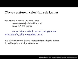 Biomecânica - http://sites.google.com/site/biomecunipampa
Obesos preferem velocidade de 1,4 m/s
Reduzindo a velocidade para 1 m/s
momento no joelho 40% menor
força AP 40% menor
concomitante adoção de uma posição mais
estendida do joelho no contato inicial
Sua marcha natural parece sobrecarregar a região medial
do joelho pela ação dos momentos
 