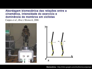 Biomecânica - http://sites.google.com/site/biomecunipampa
z
y
x
Abordagem biomecânica das relações entre a
cinemática, intensidade do exercício e
dominância de membros em ciclistas
Carpes et al., Braz J Biomech, 2006
 