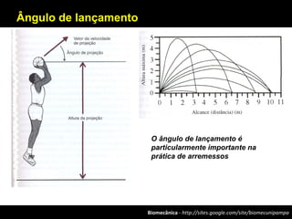 Biomecânica - http://sites.google.com/site/biomecunipampa
Ângulo de lançamento
O ângulo de lançamento é
particularmente importante na
prática de arremessos
 