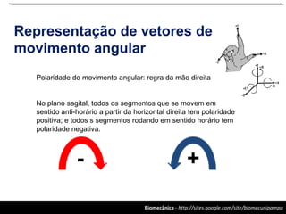 Biomecânica - http://sites.google.com/site/biomecunipampa
Representação de vetores de
movimento angular
Polaridade do movimento angular: regra da mão direita
No plano sagital, todos os segmentos que se movem em
sentido anti-horário a partir da horizontal direita tem polaridade
positiva; e todos s segmentos rodando em sentido horário tem
polaridade negativa.
+-
 
