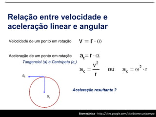 Biomecânica - http://sites.google.com/site/biomecunipampa
Relação entre velocidade e
aceleração linear e angular
Velocidade de um ponto em rotação
Aceleração de um ponto em rotação
Tangencial (a) e Centrípeta (ac)
Aceleração resultante ?
t
at
ac
 