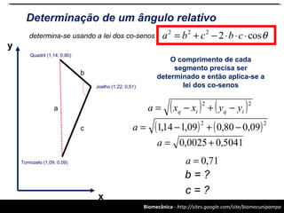 Biomecânica - http://sites.google.com/site/biomecunipampa
Determinação de um ângulo relativo
y
x
Quadril (1,14; 0,80)
Joelho (1,22; 0,51)
Tornozelo (1,09; 0,09)
determina-se usando a lei dos co-senos
( ) ( )22
tqtq yyxxa −+−=a
b
c ( ) ( )22
09,080,009,114,1 −+−=a
5041,00025,0 +=a
71,0=a
θcos2222
⋅⋅⋅−+= cbcba
b = ?
c = ?
O comprimento de cada
segmento precisa ser
determinado e então aplica-se a
lei dos co-senos
 