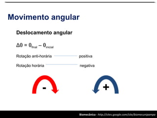 Biomecânica - http://sites.google.com/site/biomecunipampa
Movimento angular
Deslocamento angular
Δθ = θfinal – θinicial
Rotação anti-horária positiva
Rotação horária negativa
+-
 