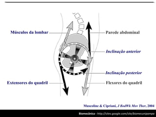 Biomecânica - http://sites.google.com/site/biomecunipampa
Parede abdominal
Inclinação anterior
Inclinação posterior
Flexores do quadrilExtensores do quadril
Músculos da lombar
Muscoline & Cipriani, J BodWk Mov Ther, 2004
 