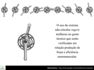 Biomecânica - http://sites.google.com/site/biomecunipampa
O uso do sistema
não-circular sugere
melhoras no gesto
técnico que serão
verificadas em
relação produção de
força e eficiência
neuromuscular.
 
