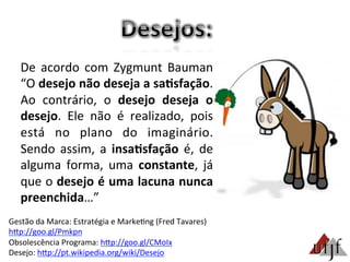 Gestão	
  da	
  Marca:	
  Estratégia	
  e	
  Marke3ng	
  (Fred	
  Tavares)	
  	
  
hBp://goo.gl/Pmkpn	
  
Obsolescência	
  Programa:	
  hBp://goo.gl/CMoIx	
  
Desejo:	
  hBp://pt.wikipedia.org/wiki/Desejo	
  
De	
   acordo	
   com	
   Zygmunt	
   Bauman	
  
“O	
  desejo	
  não	
  deseja	
  a	
  sa:sfação.	
  
Ao	
   contrário,	
   o	
   desejo	
   deseja	
   o	
  
desejo.	
   Ele	
   não	
   é	
   realizado,	
   pois	
  
está	
   no	
   plano	
   do	
   imaginário.	
  
Sendo	
   assim,	
   a	
   insa:sfação	
   é,	
   de	
  
alguma	
   forma,	
   uma	
   constante,	
   já	
  
que	
  o	
  desejo	
  é	
  uma	
  lacuna	
  nunca	
  
preenchida…”	
  
 