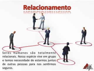 Seres	
   humanos	
   são	
   totalmente	
  
relacionais.	
  Nossa	
  espécie	
  vive	
  em	
  grupo	
  
e	
  temos	
  necessidade	
  de	
  estarmos	
  juntos	
  
de	
   outras	
   pessoas	
   para	
   nos	
   sen3rmos	
  
seguros.	
  	
  
 