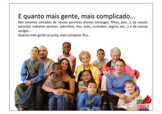 E	
  quanto	
  mais	
  gente,	
  mais	
  complicado...	
  
Nós	
  estamos	
  cercados	
  de	
  nossos	
  parentes	
  diretos	
  (cônjuges,	
  ﬁlhos,	
  pais...),	
  de	
  nossos	
  
parentes	
  indiretos	
  (primos,	
  sobrinhos,	
  3os,	
  avós,	
  cunhados,	
  sogros,	
  etc...)	
  e	
  de	
  nossos	
  
amigos...	
  
Quanto	
  mais	
  gente	
  se	
  junta,	
  mais	
  complexo	
  ﬁca...	
  	
  
 