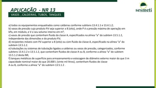 APLICAÇÃO - NR 13
a) todos os equipamentos enquadrados como caldeiras conforme subitens 13.4.1.1 e 13.4.1.2;
b) vasos de pressão cujo produto P.V seja superior a 8 (oito), onde P é a pressão máxima de operação em
kPa, em módulo, e V o seu volume interno em m³;
c) vasos de pressão que contenham fluido da classe A, especificados na alínea “a” do subitem 13.5.1.2,
independente das dimensões e do produto P.V;
d) recipientes móveis com P.V superior a 8 (oito) ou com fluido da classe A, especificado na alínea “a” do
subitem 13.5.1.2.
e) tubulações ou sistemas de tubulação ligados a caldeiras ou vasos de pressão, categorizados, conforme
subitens 13.4.1.2 e 13.5.1.2, que contenham fluidos de classe A ou B, conforme a alínea “a” do subitem
13.5.1.2 desta NR;
f) tanques metálicos de superfície para armazenamento e estocagem de diâmetro externo maior do que 3 m
capacidade nominal maior do que 20.000 L (vinte mil litros), contenham fluidos de classe
A ou B, conforme a alínea “a” do subitem 13.5.1.2 .
VASOS , CALDEIRAS, TUBOS, TANQUES
 