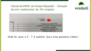 Calculo da PMTA do Tampo Elipsoidal - Exemplo
de erro inadmissível do P.H. Inspetor
Onde foi parar o K ? A ausência leva a erros grosseiros e fatais !
 