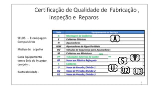 Certificação de Qualidade de Fabricação ,
Inspeção e Reparos
ras
Selo Equipamento ou Serviço
A Montagem de Caldeiras
E Caldeiras Elétricas
H Aquecedores
HLW Aquecedores de Água Portáteis
HV Válvulas de Segurança para Aquecedores
M Caldeiras em Miniatura
PP Tubulações Externas de Caldei
RP Vasos em Plástico Reforçado
S Caldeiras
U Vasos de Pressão, Divisão 1
U2 Vasos de Pressão, Divisão 2
U3 Vasos de Pressão, Divisão 3
4
0
SELOS - Estampagem
Compulsórios
Motivo de orgulho
Cada Equipamento
tem o Selo do Inspetor
também .
Rastreabilidade .
 