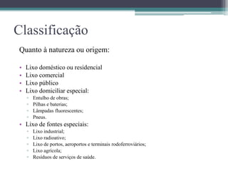 Classificação
Quanto à natureza ou origem:
• Lixo doméstico ou residencial
• Lixo comercial
• Lixo público
• Lixo domiciliar especial:
▫ Entulho de obras;
▫ Pilhas e baterias;
▫ Lâmpadas fluorescentes;
▫ Pneus.
• Lixo de fontes especiais:
▫ Lixo industrial;
▫ Lixo radioativo;
▫ Lixo de portos, aeroportos e terminais rodoferroviários;
▫ Lixo agrícola;
▫ Resíduos de serviços de saúde.
 