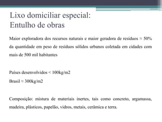 Lixo domiciliar especial:
Entulho de obras
Maior exploradora dos recursos naturais e maior geradora de resíduos ≈ 50%
da quantidade em peso de resíduos sólidos urbanos coletada em cidades com
mais de 500 mil habitantes
Países desenvolvidos < 100kg/m2
Brasil ≈ 300kg/m2
Composição: mistura de materiais inertes, tais como concreto, argamassa,
madeira, plásticos, papelão, vidros, metais, cerâmica e terra.
 