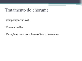 Tratamento do chorume
Composição variável
Chorume velho
Variação sazonal do volume (clima e drenagem)
 