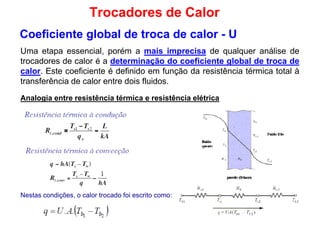 Coeficiente global de troca de calor - U
Uma etapa essencial, porém a mais imprecisa de qualquer análise de
trocadores de calor é a determinação do coeficiente global de troca de
calor. Este coeficiente é definido em função da resistência térmica total à
Trocadores de Calor
calor. Este coeficiente é definido em função da resistência térmica total à
transferência de calor entre dois fluidos.
Analogia entre resistência térmica e resistência elétrica
Nestas condições, o calor trocado foi escrito como:
 