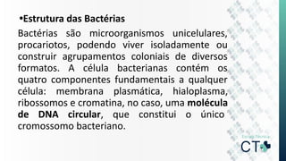 •Estrutura das Bactérias
Bactérias são microorganismos unicelulares,
procariotos, podendo viver isoladamente ou
construir agrupamentos coloniais de diversos
formatos. A célula bacterianas contém os
quatro componentes fundamentais a qualquer
célula: membrana plasmática, hialoplasma,
ribossomos e cromatina, no caso, uma molécula
de DNA circular, que constitui o único
cromossomo bacteriano.
 