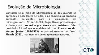 Evolução da Microbiologia
Considera-se o início da Microbiologia se deu quando se
aprendeu a polir lentes de vidro, e ao combiná-las produzia
aumentos suficientes para a visualização de
microrganismos. No século XIII, Roger Bacon postulou que
a doença era produzida por seres vivos invisíveis. Este
postulado foi reforçado e defendido por Fracastoro de
Verona (entre 1483-1553), e posteriormente por Von
Plenciz (1762), mas nenhum deles apresentava provas.
 