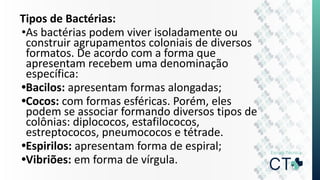 Tipos de Bactérias:
•As bactérias podem viver isoladamente ou
construir agrupamentos coloniais de diversos
formatos. De acordo com a forma que
apresentam recebem uma denominação
específica:
•Bacilos: apresentam formas alongadas;
•Cocos: com formas esféricas. Porém, eles
podem se associar formando diversos tipos de
colônias: diplococos, estafilococos,
estreptococos, pneumococos e tétrade.
•Espirilos: apresentam forma de espiral;
•Vibriões: em forma de vírgula.
 