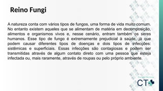 Reino Fungi
A natureza conta com vários tipos de fungos, uma forma de vida muito comum.
No entanto existem aqueles que se alimentam de matéria em decomposição,
alimentos e organismos vivos e, nesse cenário, entram também os seres
humanos. Esse tipo de fungo é extremamente prejudicial à saúde, já que
podem causar diferentes tipos de doenças e dois tipos de infecções:
sistêmicas e superficiais. Essas infecções são contagiosas e podem ser
transmitidas através de algum contato direto com uma pessoa que esteja
infectada ou, mais raramente, através de roupas ou pelo próprio ambiente.
 