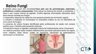 Reino Fungi
A cândida ataca quem tem imunidade fraca pelo uso de quimioterapia, esteroides,
antibióticos e outros componentes. Para reduzir as chances de contrair a candidíase, o
ideal é usar roupas íntimas de algodão. Confira algumas informações relevantes sobre
essa doença causada por fungos:
•o diagnóstico depende da coleta de uma pequena amostra de corrimento vaginal;
•a amostra é analisada no microscópio no consultório médico ou em um laboratório de
uma cultura de fungos;
•a presença de cultura fúngica identificada pelos profissionais de saúde nem sempre
significa que a Cândida está causando sintomas;
•o tratamento requer a ingestão e aplicação interna de medicamentos como o fluconazol;
•os médicos precisam saber receitar medicamentos que serão aplicados dentro da vagina,
como nistatina, ácido bórico, sulfato de neomicina, dipropriato de betametasona,
cetoconazol ou flucitosina
 
