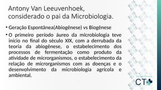 Antony Van Leeuvenhoek,
considerado o pai da Microbiologia.
• Geração Espontânea(Abiogênese) vs Biogênese
• O primeiro período áureo da microbiologia teve
início no final do século XIX, com a derrubada da
teoria da abiogênese, o estabelecimento dos
processos de fermentação como produto da
atividade de microrganismos, o estabelecimento da
relação de microrganismos com as doenças e o
desenvolvimento da microbiologia agrícola e
ambiental.
 