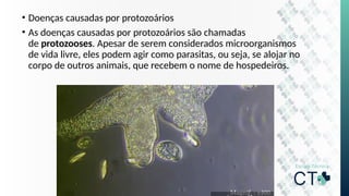 • Doenças causadas por protozoários
• As doenças causadas por protozoários são chamadas
de protozooses. Apesar de serem considerados microorganismos
de vida livre, eles podem agir como parasitas, ou seja, se alojar no
corpo de outros animais, que recebem o nome de hospedeiros.
 