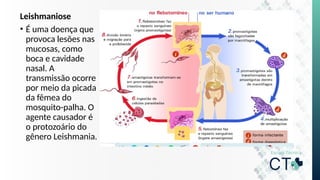 Leishmaniose
• É uma doença que
provoca lesões nas
mucosas, como
boca e cavidade
nasal. A
transmissão ocorre
por meio da picada
da fêmea do
mosquito-palha. O
agente causador é
o protozoário do
gênero Leishmania.
 